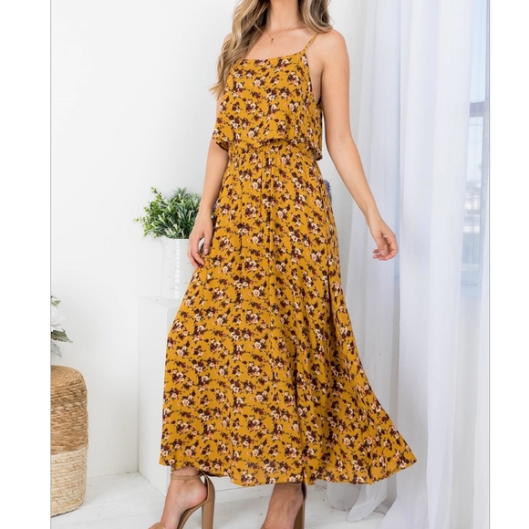 AUDREY 3+1 Mustard Floral Flounce Top Spaghetti Straps Maxi Dress - Picture 2 of 9